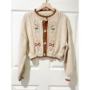 Romwe Cottagecore Grandma Embroidered Floral Eyelet Scallop Beige Cardigan M